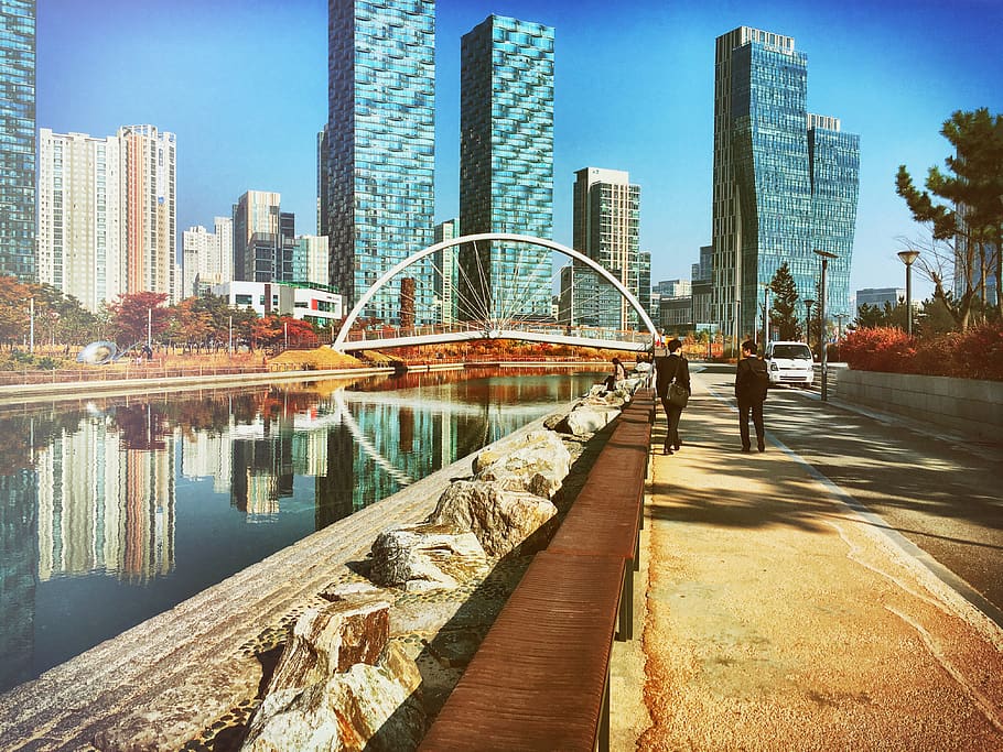 digital wallpaper, city, bridge, river, skyscraper, walking, person HD wallpaper