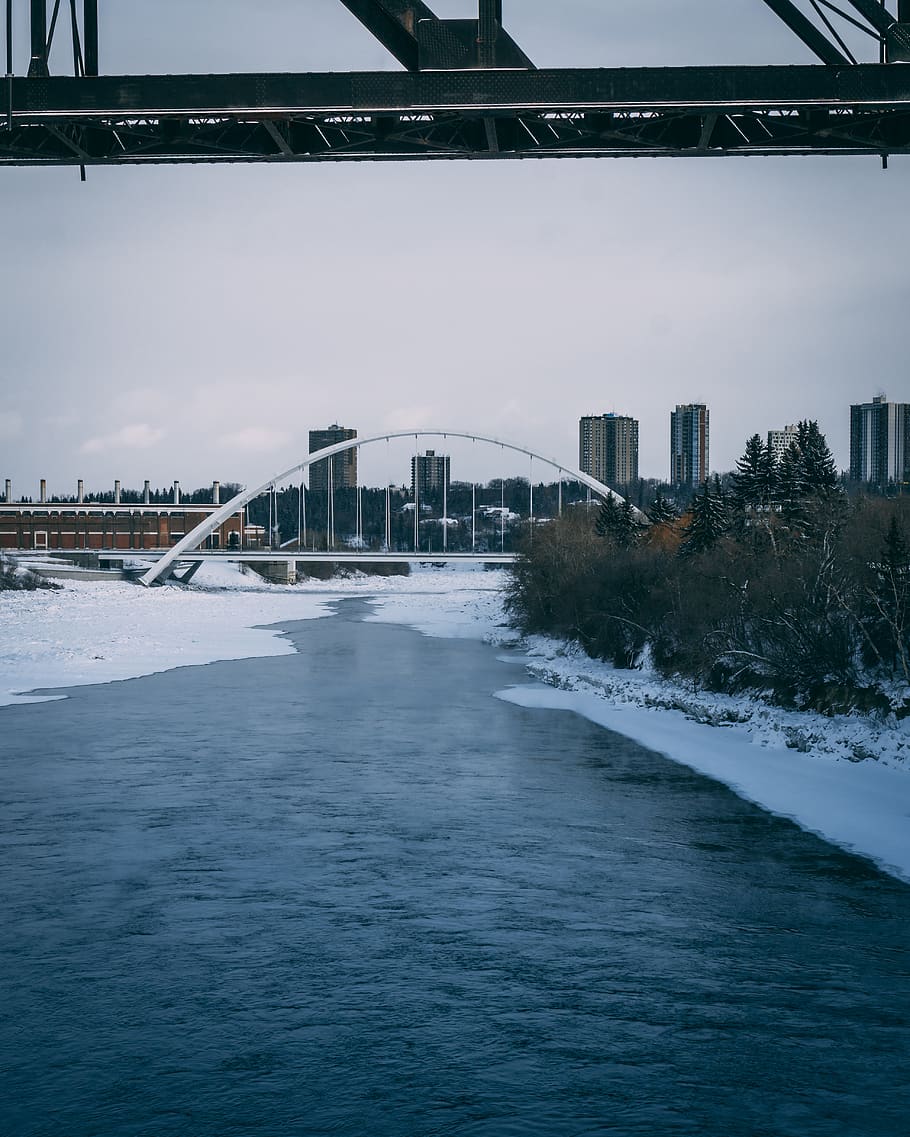 white metal bridge, nature, outdoors, ice, building, edmonton HD wallpaper