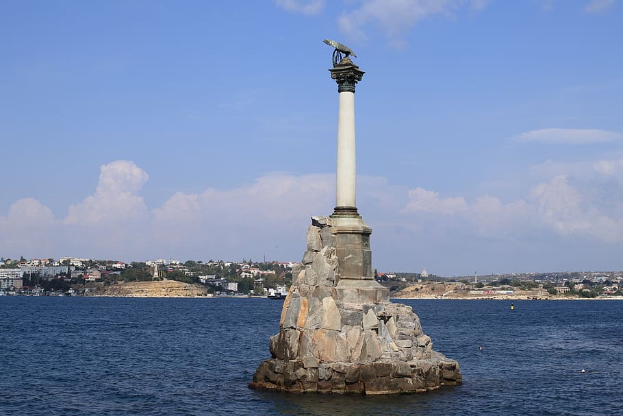 monument, sea, summer, sun, clouds, bay, sevastopol, architecture HD wallpaper