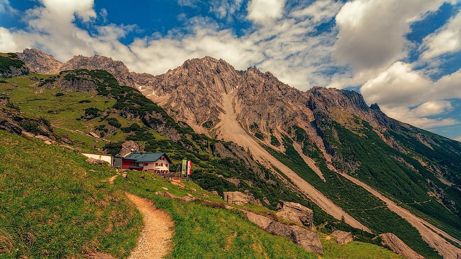 Green Grass, clouds, daylight, landscape, mountains, rocks, scenic HD wallpaper