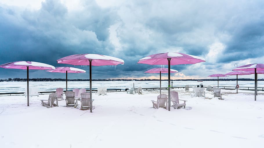 pink parasol covered with snow, chair, furniture, toronto, canada, HD wallpaper