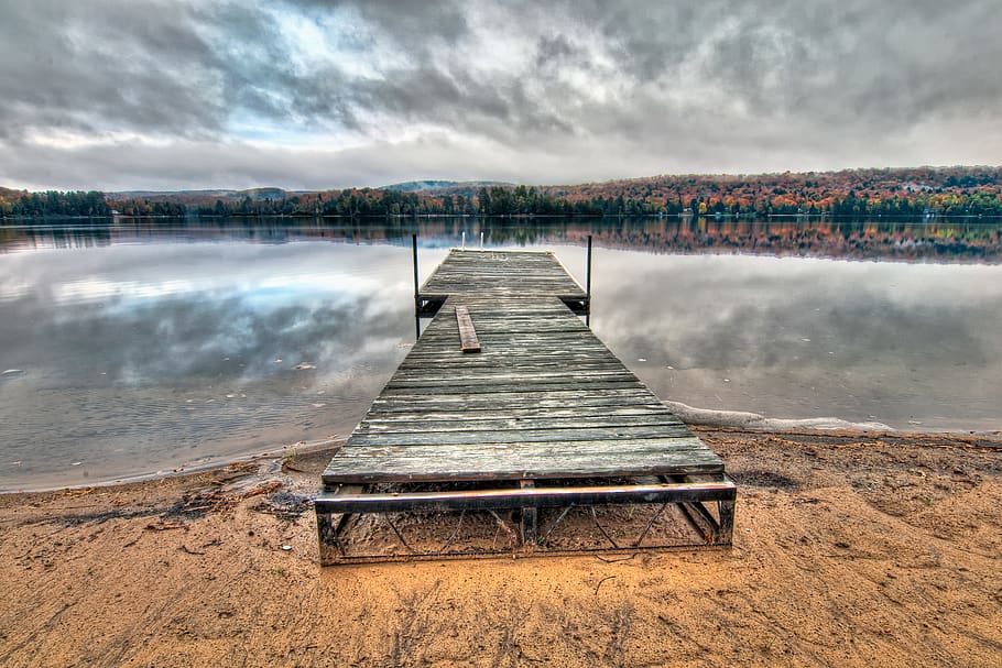 grey wooden dock under dramatic clouds, water, cloud - sky, lake HD wallpaper