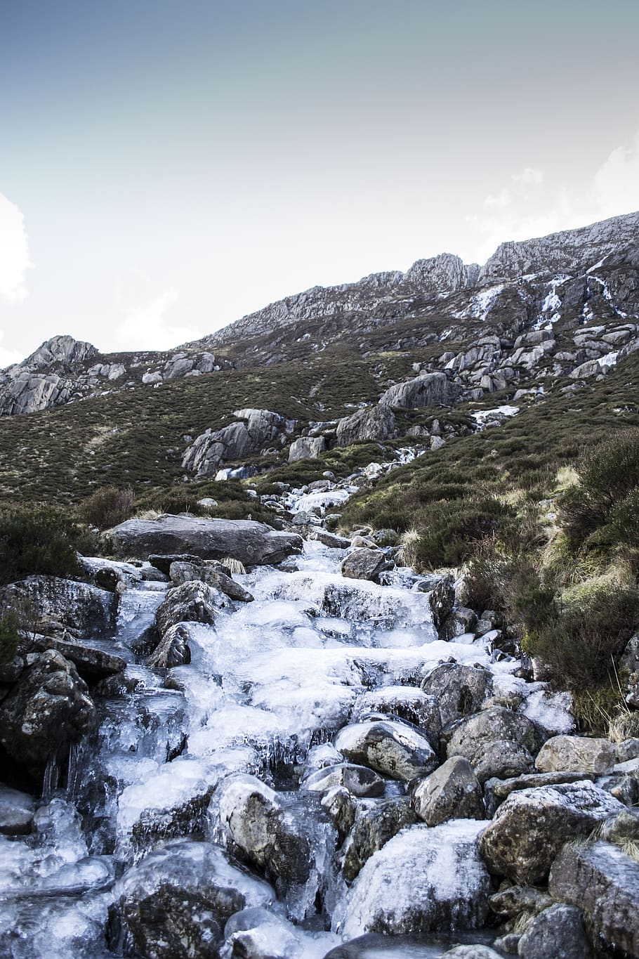 cascading water from mountain top, ice, snow, stream, rock, nature HD wallpaper