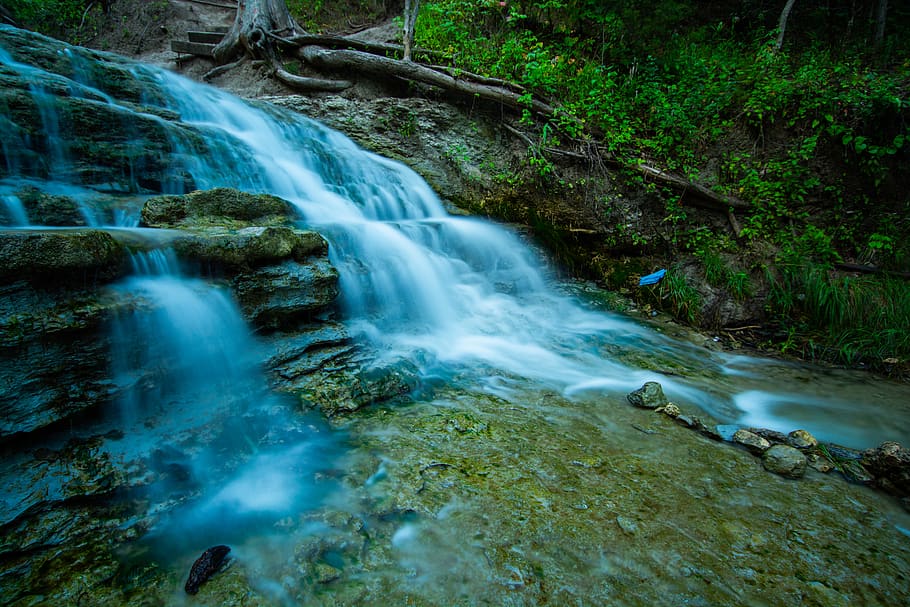 waterfall, river, motion, long exposure, blurred motion, forest HD wallpaper