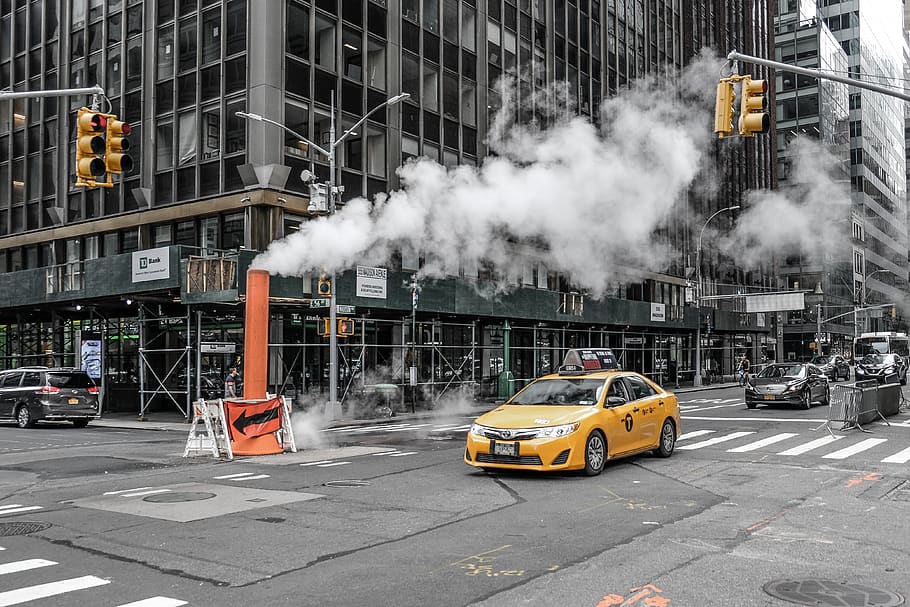 yellow car on road, vehicle, transportation, automobile, light HD wallpaper