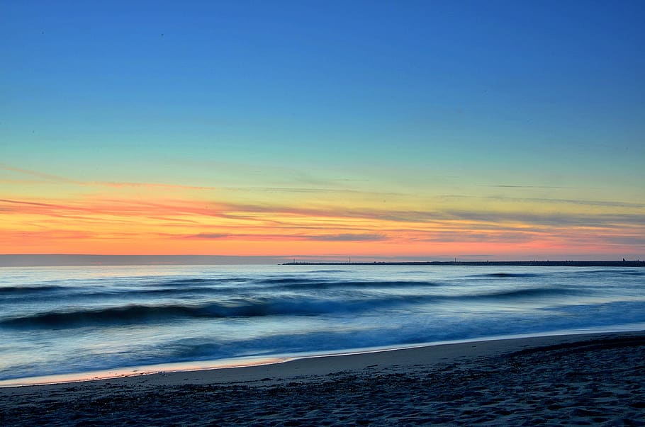 beach, sea, baltika, sunset, landscape, calm, water, clouds HD wallpaper