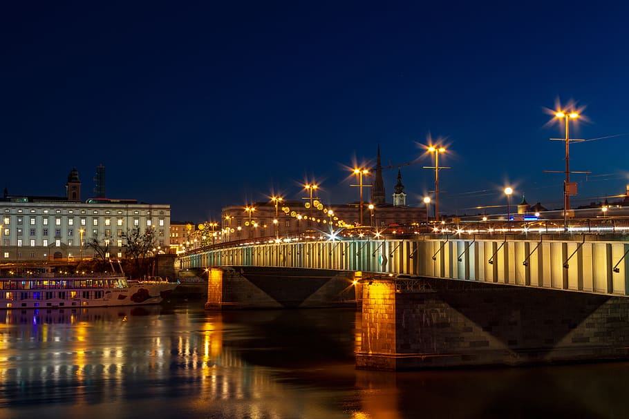 bridge, night, lights, architecture, city, linz, austria, lighting HD wallpaper