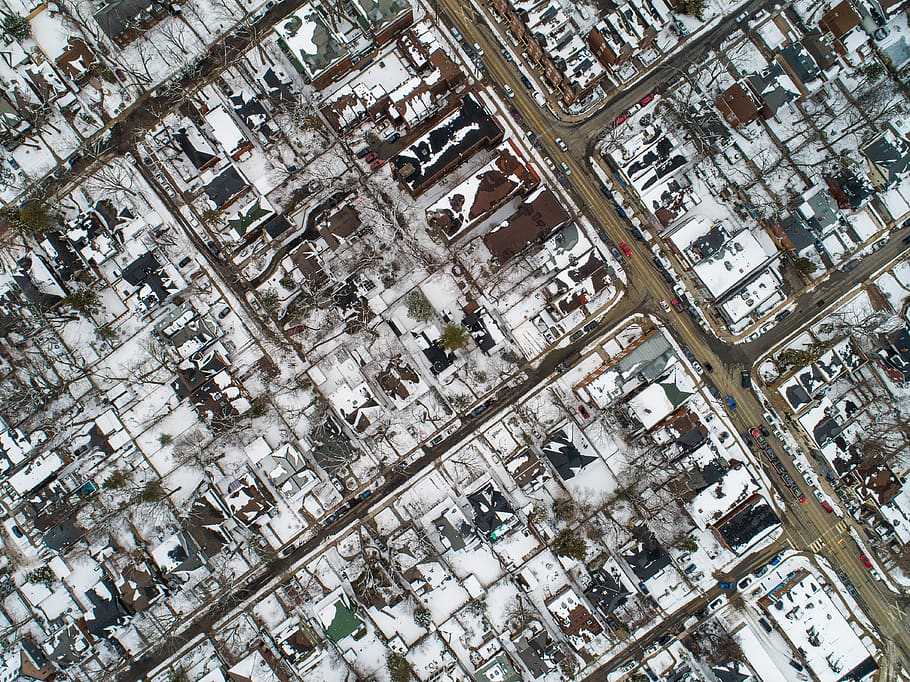 aerial photography of houses covered by snow, nature, landscape