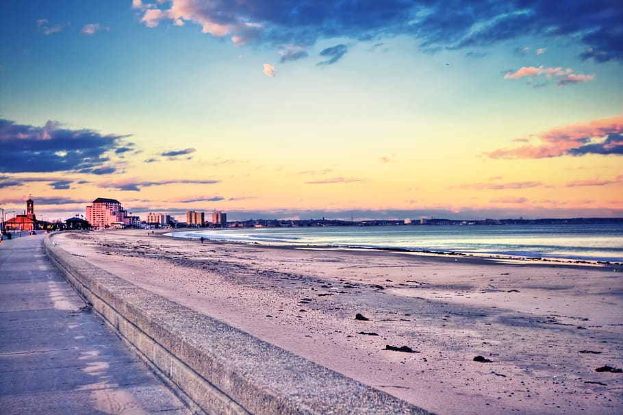 Snow Field during Sunset, beach, buildings, clouds, landscape HD wallpaper