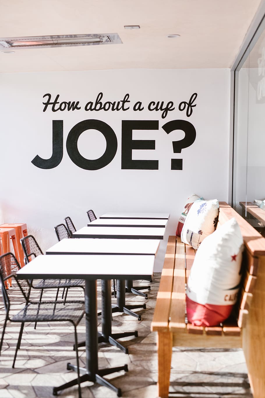rectangular white table, shop, coffee, cafe, sign, text, joe, HD wallpaper