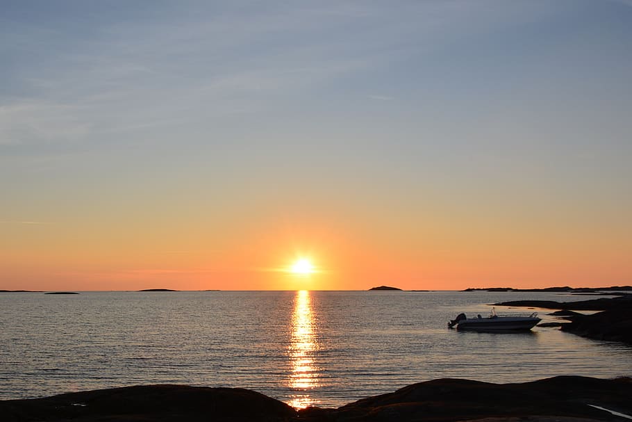 sunset, sea, boat, cliffs, water, nature, cloud, landscapes HD wallpaper