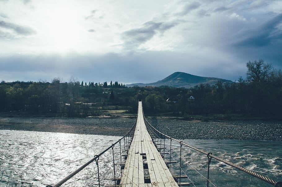 bridge, pendant, river, mountain, rapid, tourism, austria, tyrol HD wallpaper