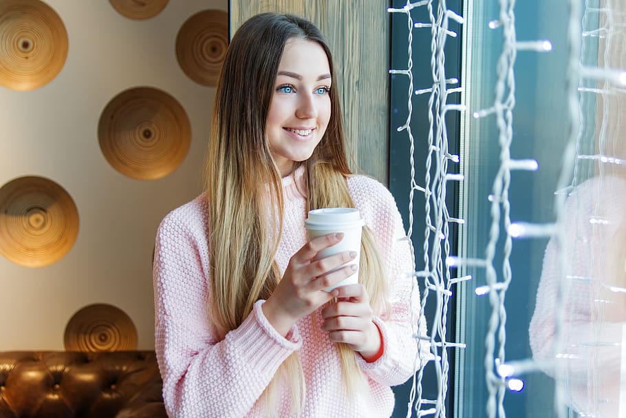 girl, young, board, window, café, smile, coffee, looking keeps HD wallpaper