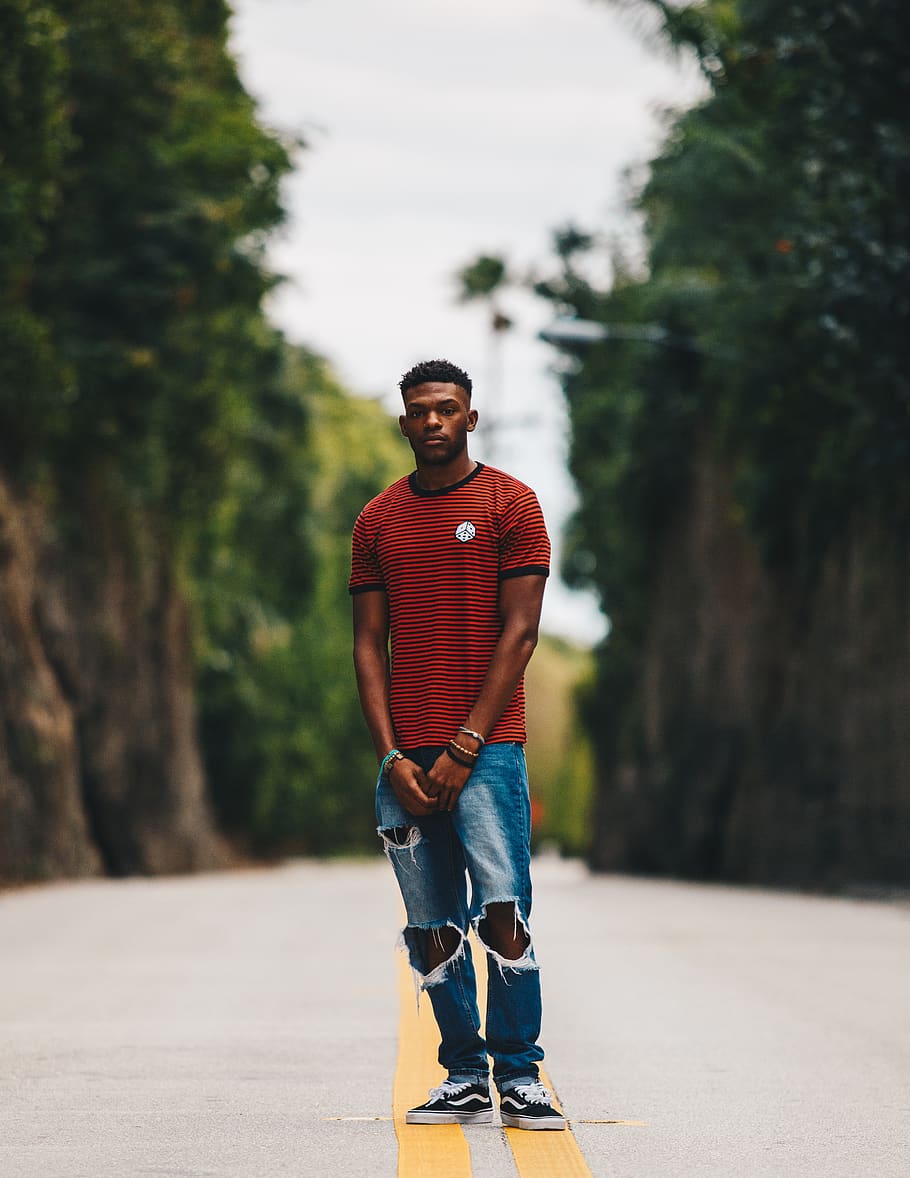 people, guy, man, forest, road, bokeh, ripped, jeans, trees HD wallpaper