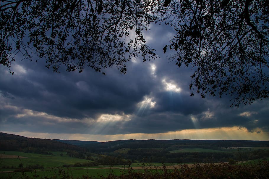 mood, landscape, clouds, sunbeam, panorama, autumn, evening HD wallpaper