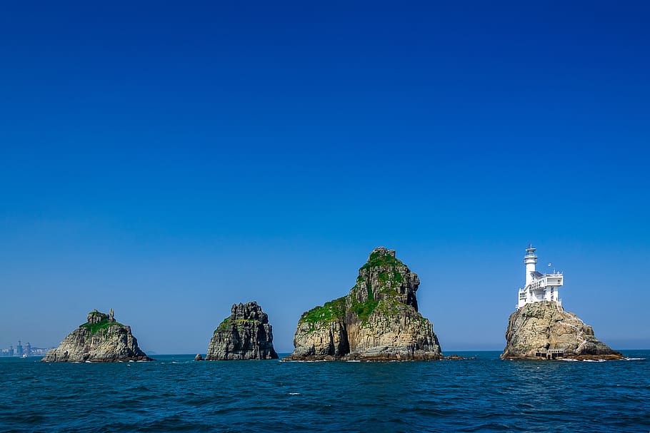 oryukdo, busan, haeundae beach, island, sea, rock, horizon, HD wallpaper