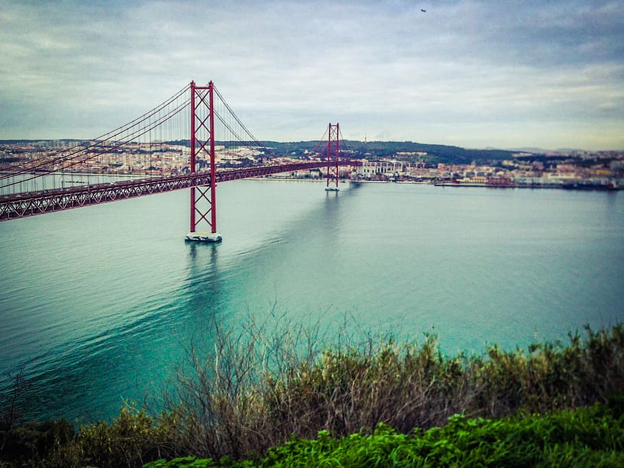 View of Suspension Bridge over River, architecture, bay, buildings HD wallpaper
