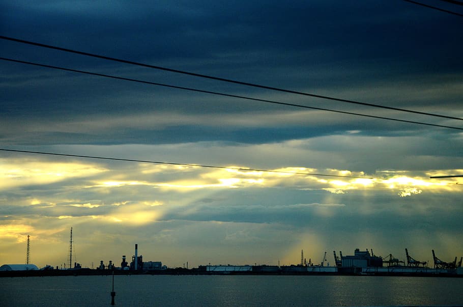 venice, mestre, blue, cables, yellow, landscape, skyline, cloud - sky HD wallpaper
