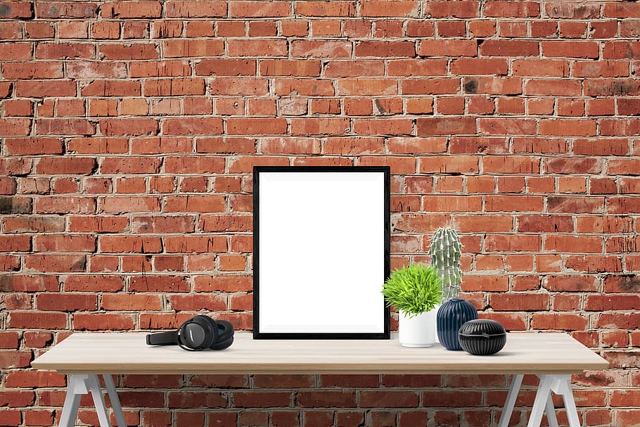 poster, frame, wall, desk, plants, brick, headphone, brick wall HD wallpaper