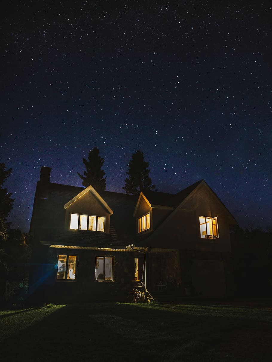 lighted 2-storey house near trees, home, star, sky, night, glow