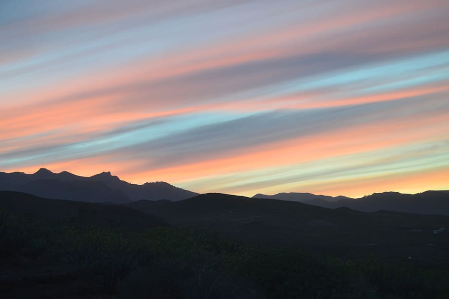 sunset, landscape, clouds, sky, mountain, horizon, light, nature HD wallpaper