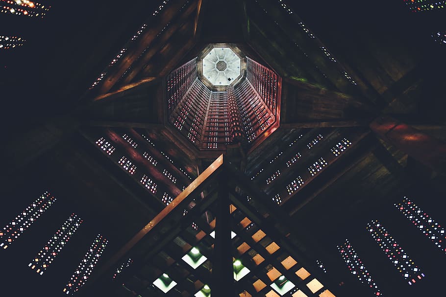low-angle photo of tower, building, ceiling, ilght, architecture HD wallpaper