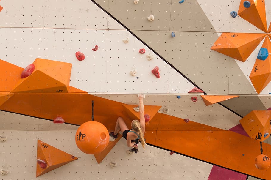 wall, obstacle, climber, climbing, human, activity, orange color HD wallpaper