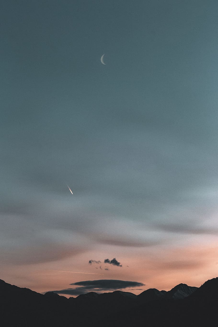 silhouette of mountain under pale evening sky, landscape, moon, HD wallpaper