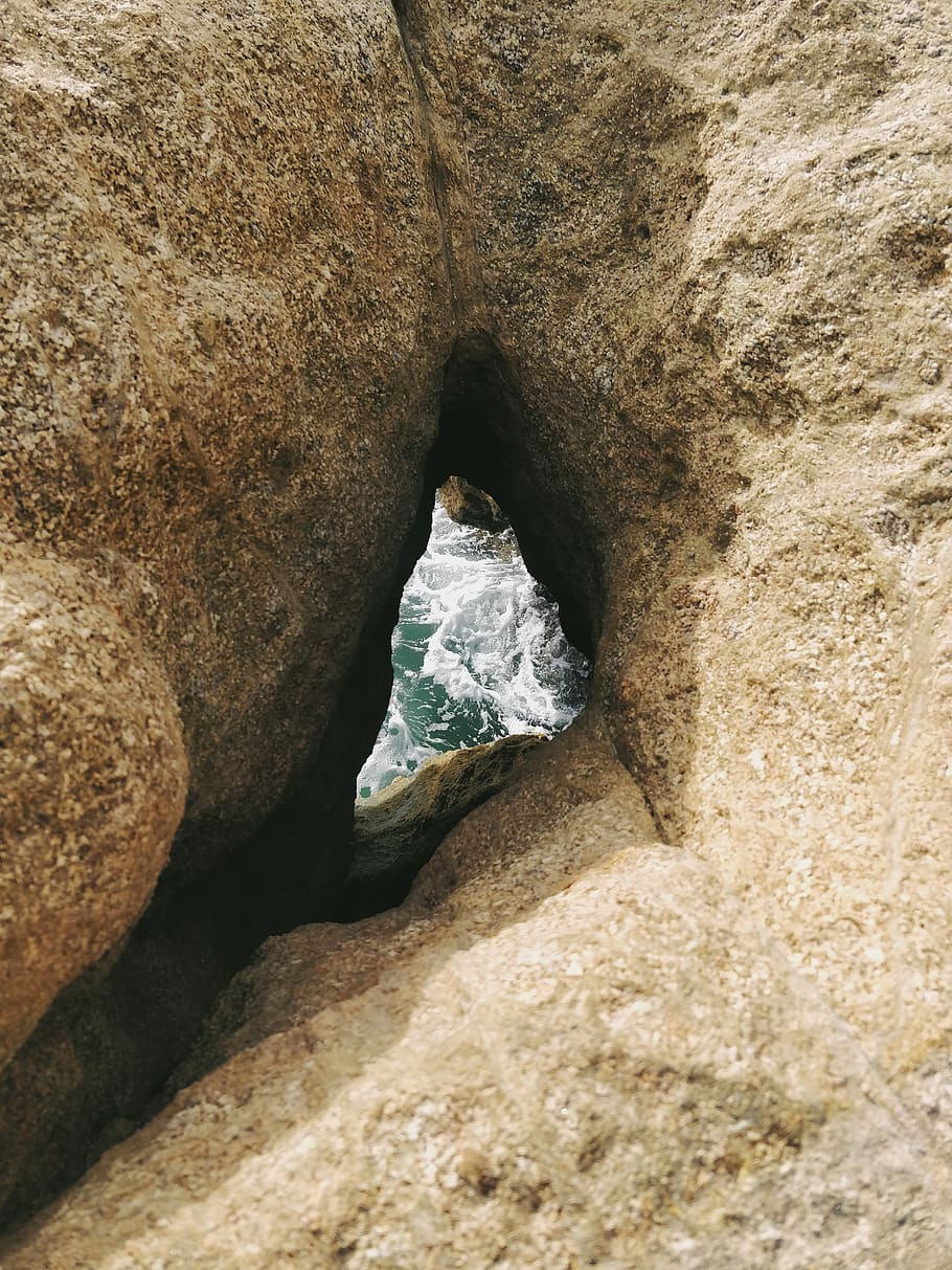 rock formation, cave, hole, summer, ocean, nature, scenery, water HD wallpaper
