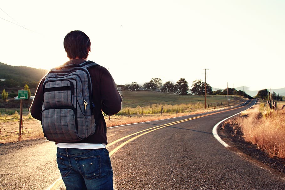 Man Facing Road, adult, adventure, back view, backpack, backpacker