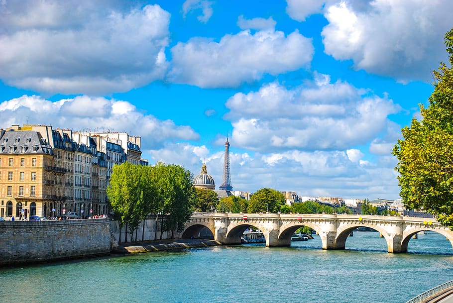 paris, bridge, river, clouds, city, seine, france, water, color HD wallpaper