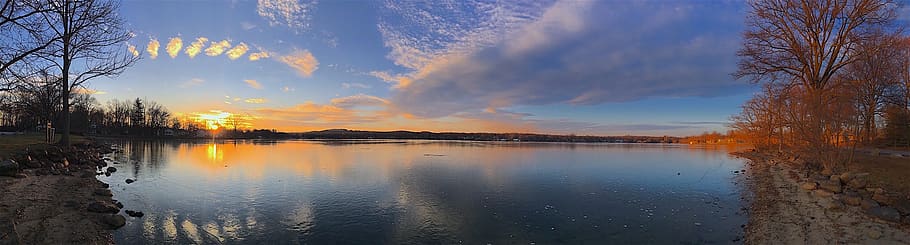 lake, sunset, nature, panoramic, landscape, sky, outdoor, winter HD wallpaper