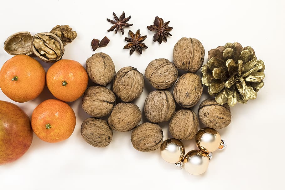 walnut, mandarin, apple, anise, snack, fresh, healthy, advent HD wallpaper