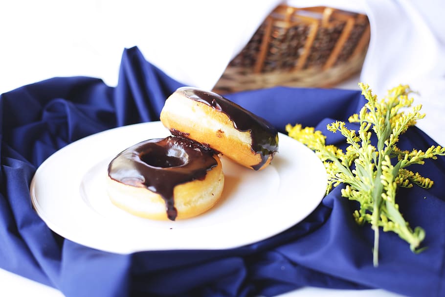 Two Donuts With Chocolate Syrup, blur, breakfast, close-up, delicious HD wallpaper