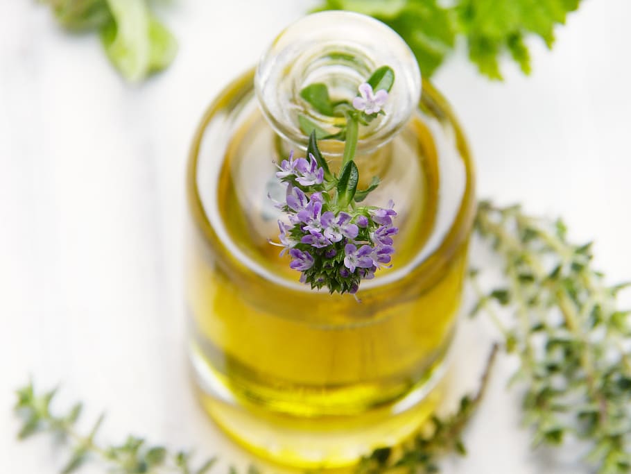 oil, bottle, thyme, blossom, bloom, glass, close up, cosmetics