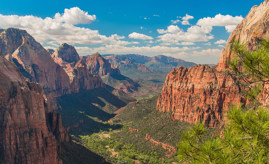 Brown Canyon, blue sky, cliff, clouds, daylight, geology, green HD wallpaper