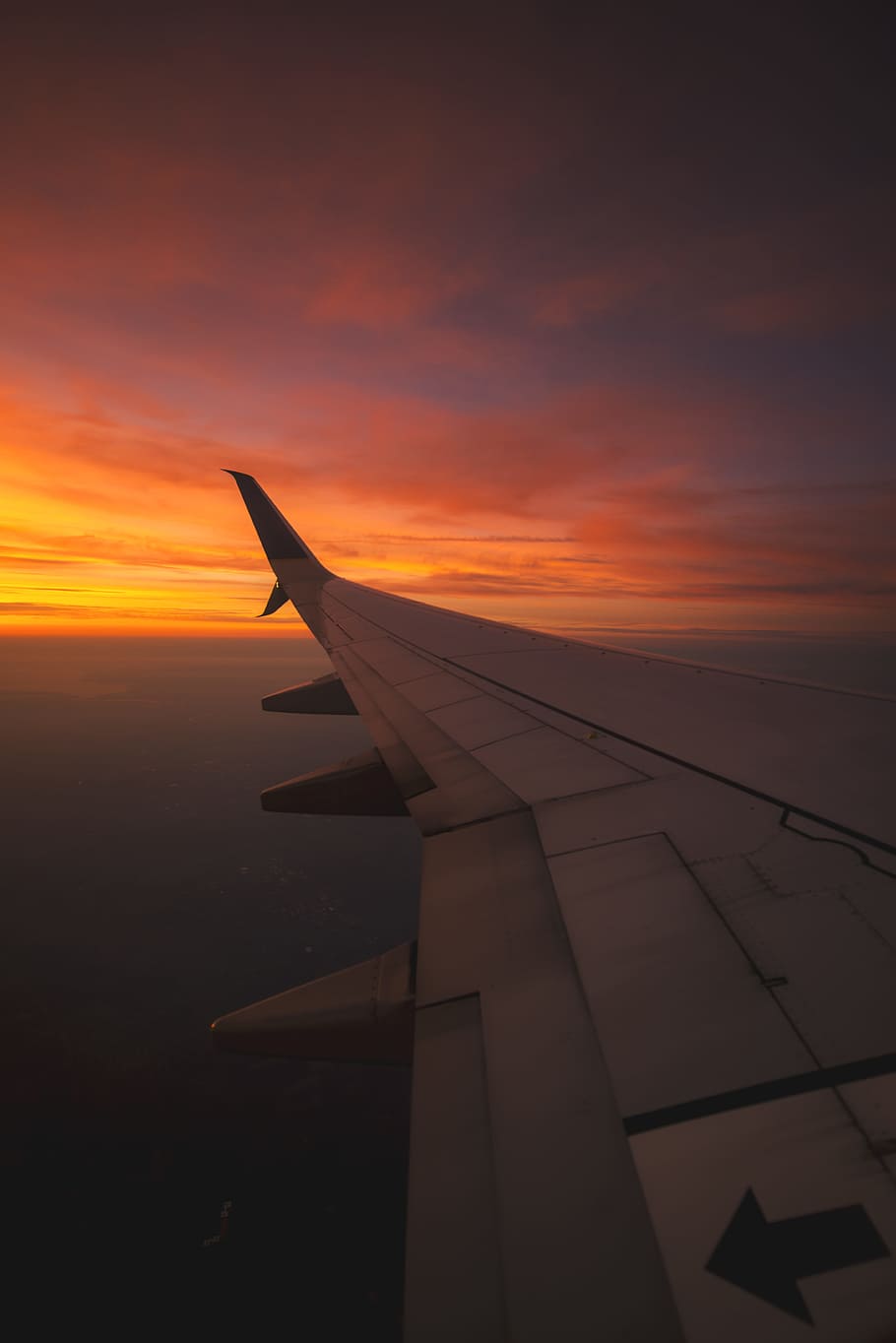 bird's eye view photography of airplane wing, sunset, sky, travel