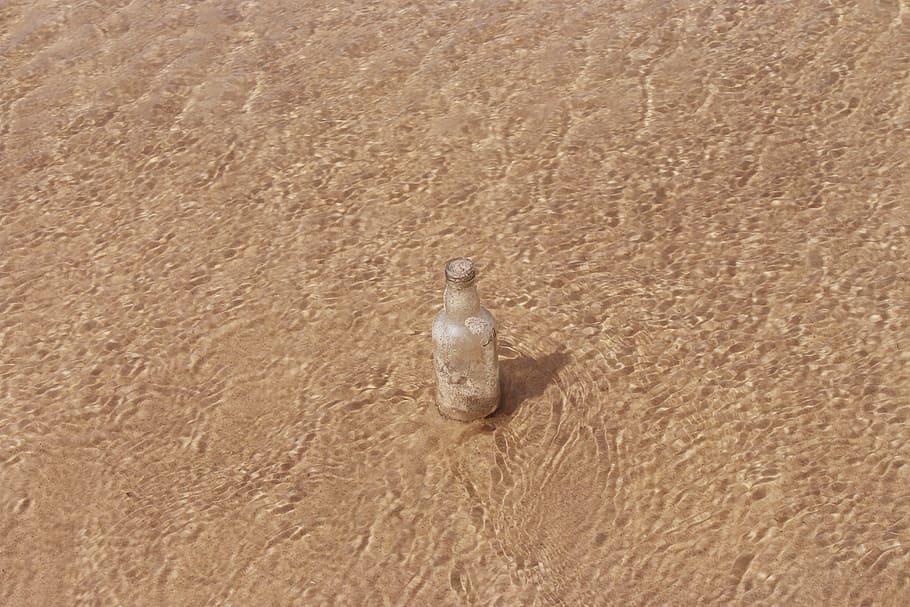 clear glass bottle, message, sea, sand, water, litter, garbage, HD wallpaper