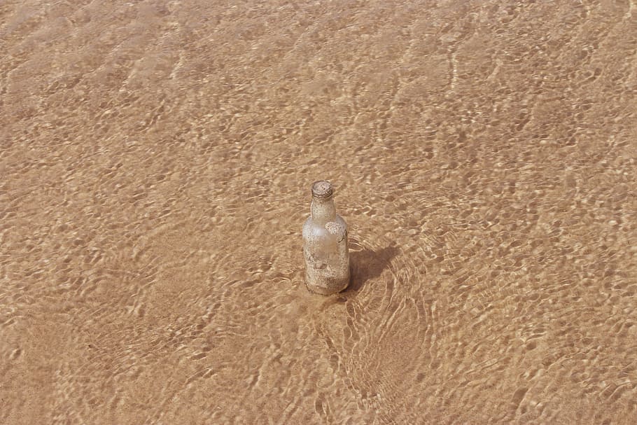 clear glass bottle, message, sea, sand, water, litter, garbage HD wallpaper