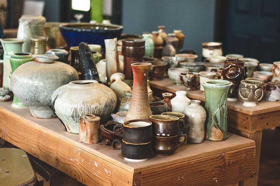 Assorted-color Vases on Table, artisan, arts and crafts, clay