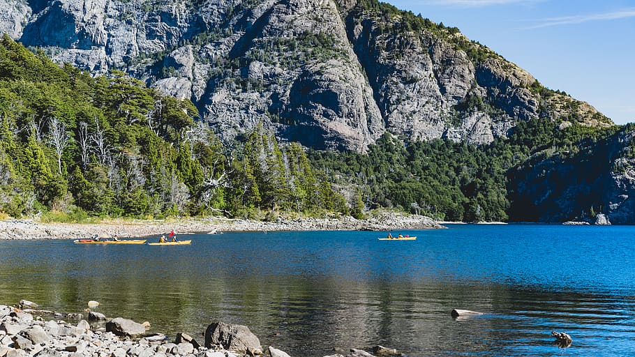 argentina, san carlos de bariloche, lake, boat, kayak, landscape, HD wallpaper