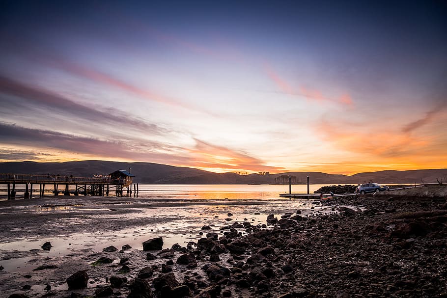 Blue Sky on Seashore, beach, clouds, dawn, daylight, dock, dusk HD wallpaper