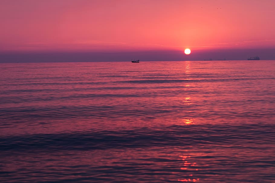 Calm Body of Water at Golden Hour, boat, landscape, light, ocean HD wallpaper