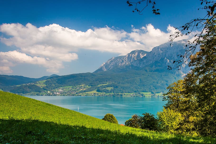 attersee, hell mountains, bergsee, austria, beauty in nature HD wallpaper