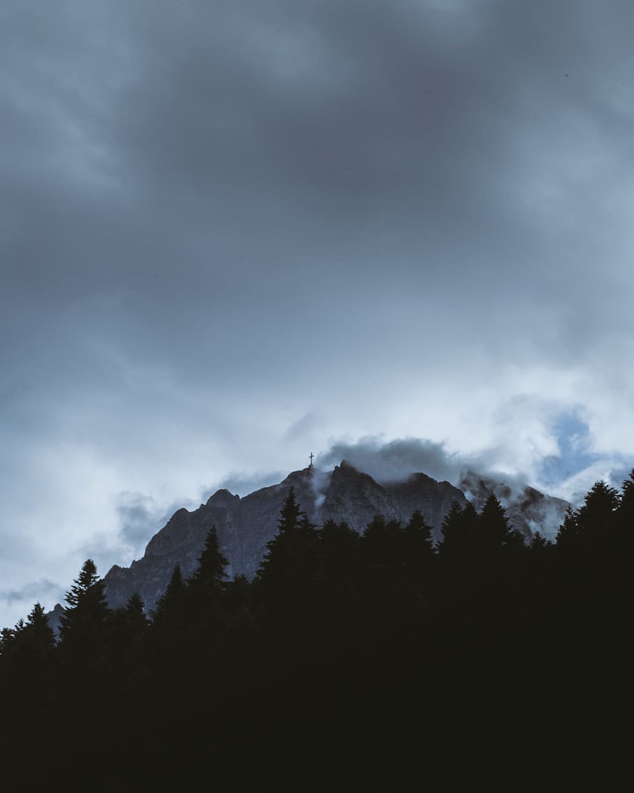 silhouette of pine trees near mountain covered with fog, cross HD wallpaper