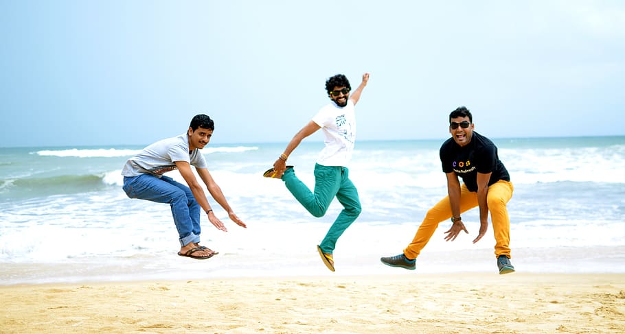 trio, jump, beach, sea, water, land, full length, togetherness HD wallpaper