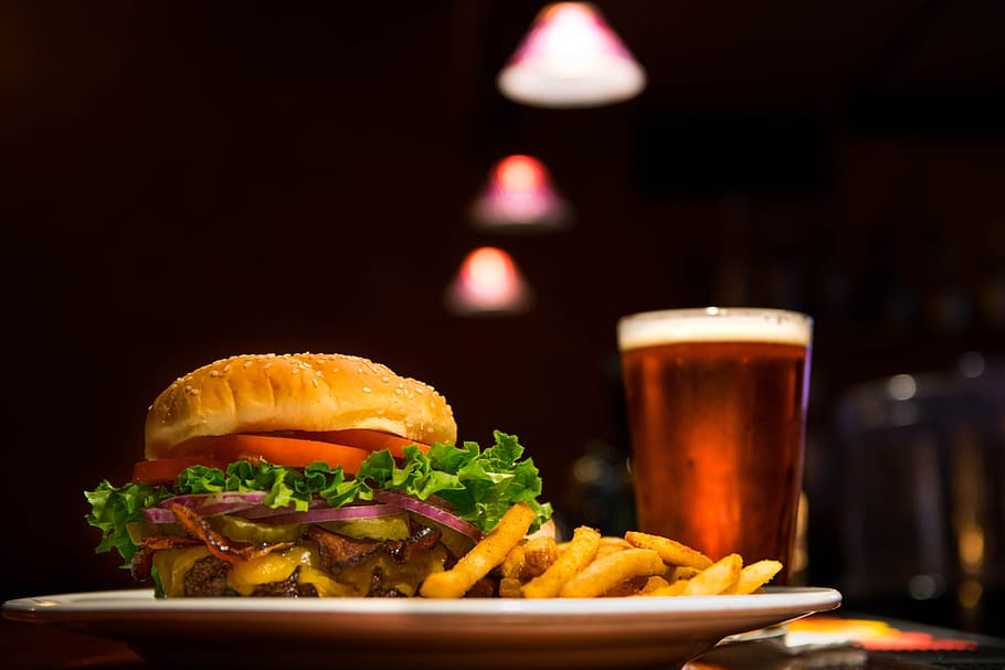 Burger and beer, dish, drink, french fries, glass, hamburger