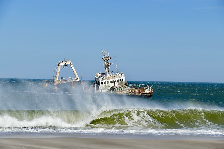 ship wreck, sceleton coast, namibia, sea, beach, henties bay HD wallpaper