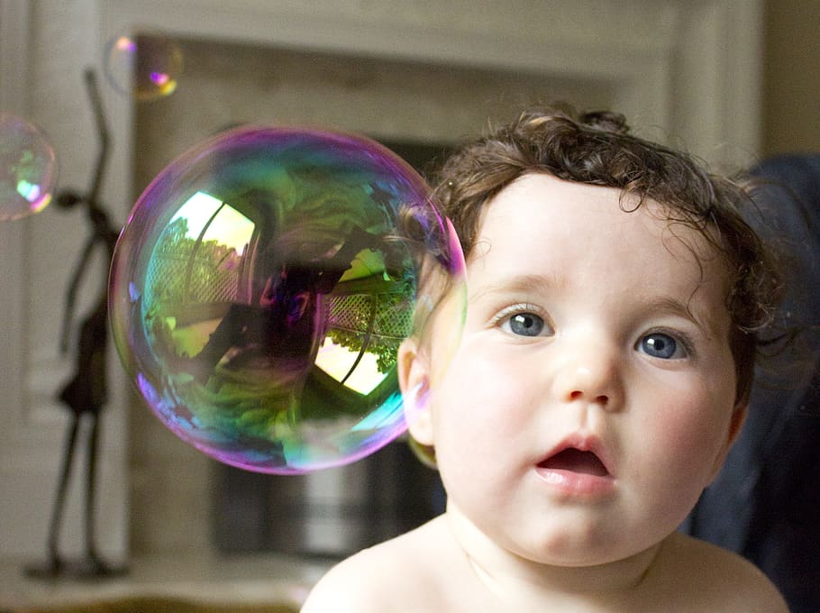Baby Facing Bubble Indoor, adorable, boy, child, close-up, curiosity