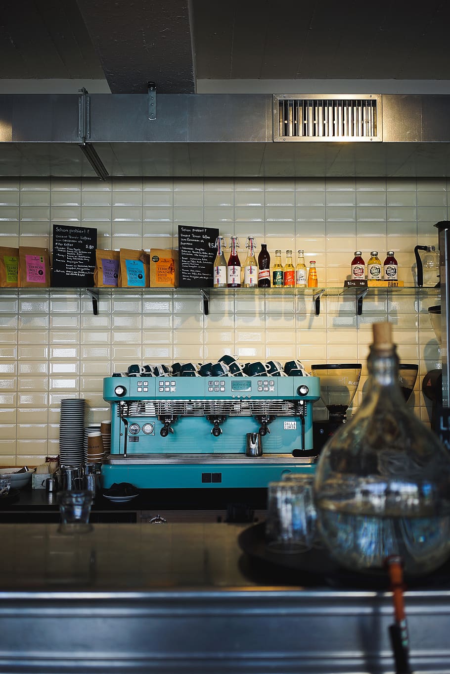 blue and black espresso machine, shelf, motor, glass, engine HD wallpaper